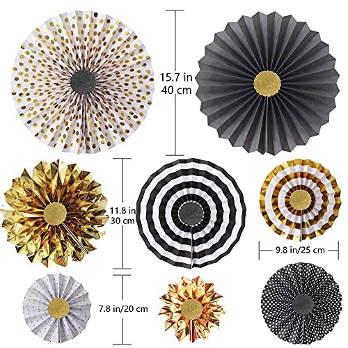 Hola Fiesta,Gold Black Paper Fans Flower for Halloween Party Decorations,black2,Set of 8 - Image 2