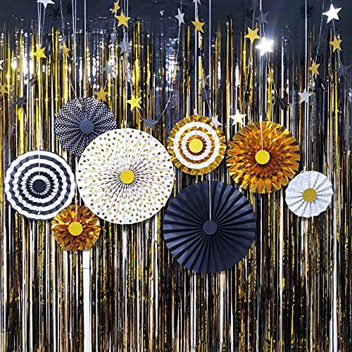 Hola Fiesta,Gold Black Paper Fans Flower for Halloween Party Decorations,black2,Set of 8 - Image 3