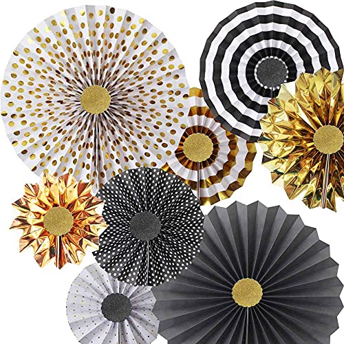 Hola Fiesta,Gold Black Paper Fans Flower for Halloween Party Decorations,black2,Set of 8 - Image 1