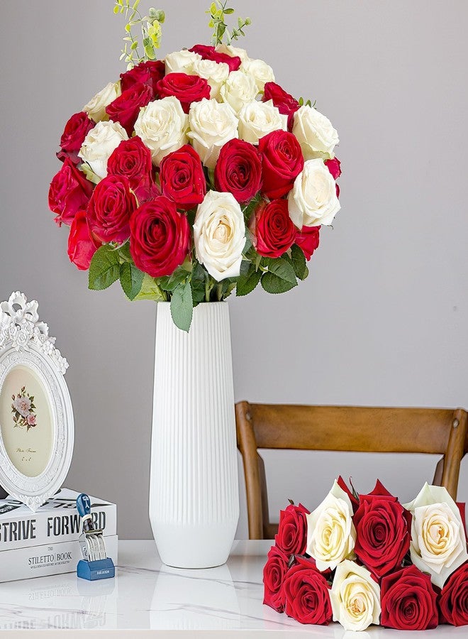Pyopbow 20PCS Artificial Roses with Long Stems - Realistic Silk Flowers, Fake Roses Real Touch Bouquet of Roses for Home Decor, Bridal Wedding Party Table Centerpieces, Bulk Faux Rose Flowers (White Red) - Image 1