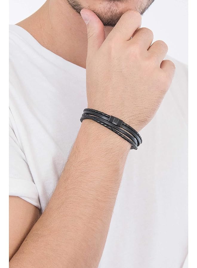 فوسيل سوار جلدي مضفر متعدد الخيوط للرجال مع قفل مغناطيسي من الفولاذ المقاوم للصدأ، أسود، مقاس واحد - Image 3