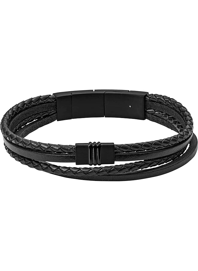 فوسيل سوار جلدي مضفر متعدد الخيوط للرجال مع قفل مغناطيسي من الفولاذ المقاوم للصدأ، أسود، مقاس واحد - Image 1