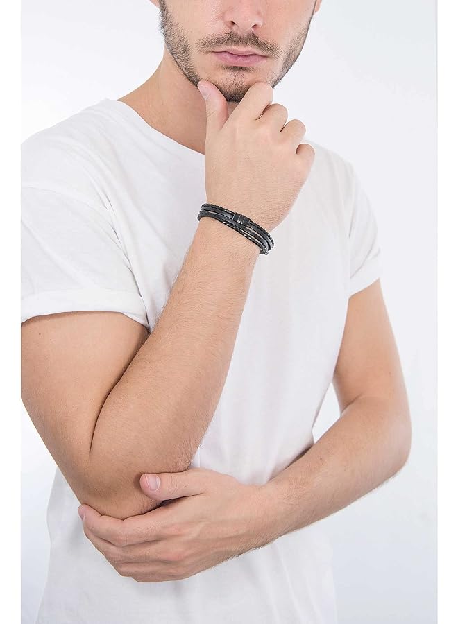 فوسيل سوار جلدي مضفر متعدد الخيوط للرجال مع قفل مغناطيسي من الفولاذ المقاوم للصدأ، أسود، مقاس واحد - Image 2