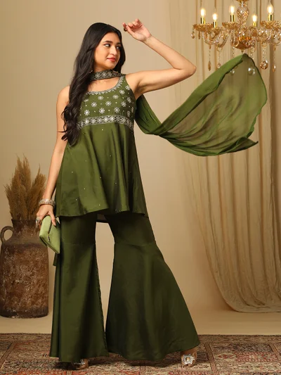 globus Women Embroidered Sleeveless Tunic Trouser & Dupatta Co-Ords