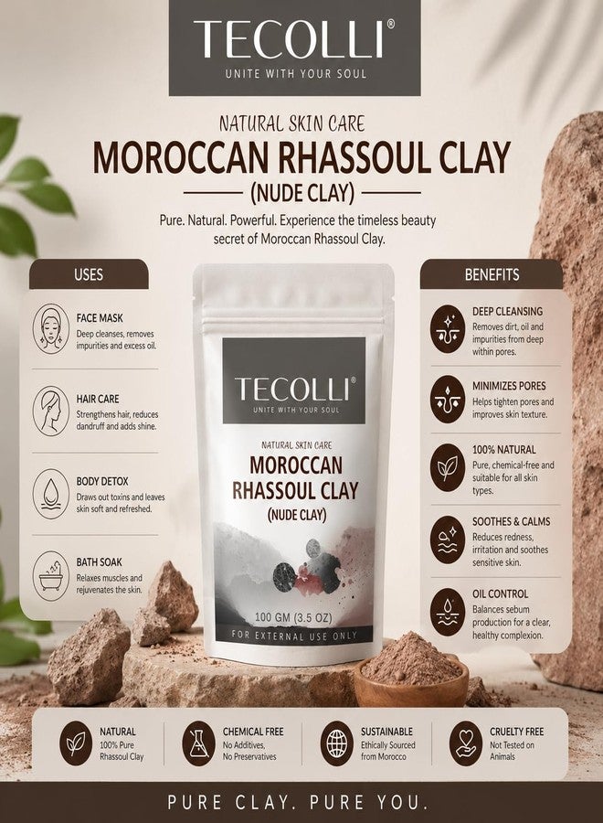 Tecolli® Moroccan Rhassoul Clay Powder, 100g, 100% Natural, for Face Mask, Hair Care & Body Detox, All Skin Types