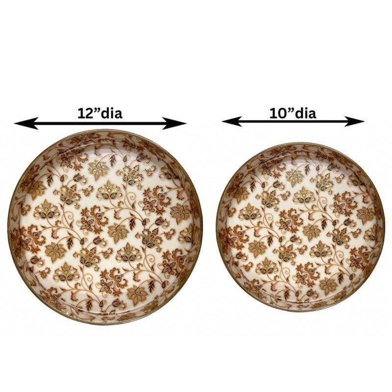 Decor House Decor House MDF Round Wooden Enamel Coated Serving Trays Organizing Decorative Tray for Kitchen and Dining Set of 2 Brown and Golden 12x12 10x10 Inches - Image 2
