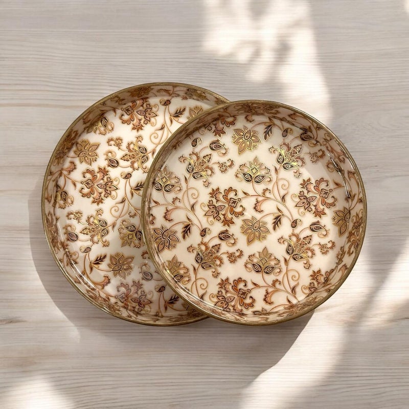 Decor House Decor House MDF Round Wooden Enamel Coated Serving Trays Organizing Decorative Tray for Kitchen and Dining Set of 2 Brown and Golden 12x12 10x10 Inches - Image 5