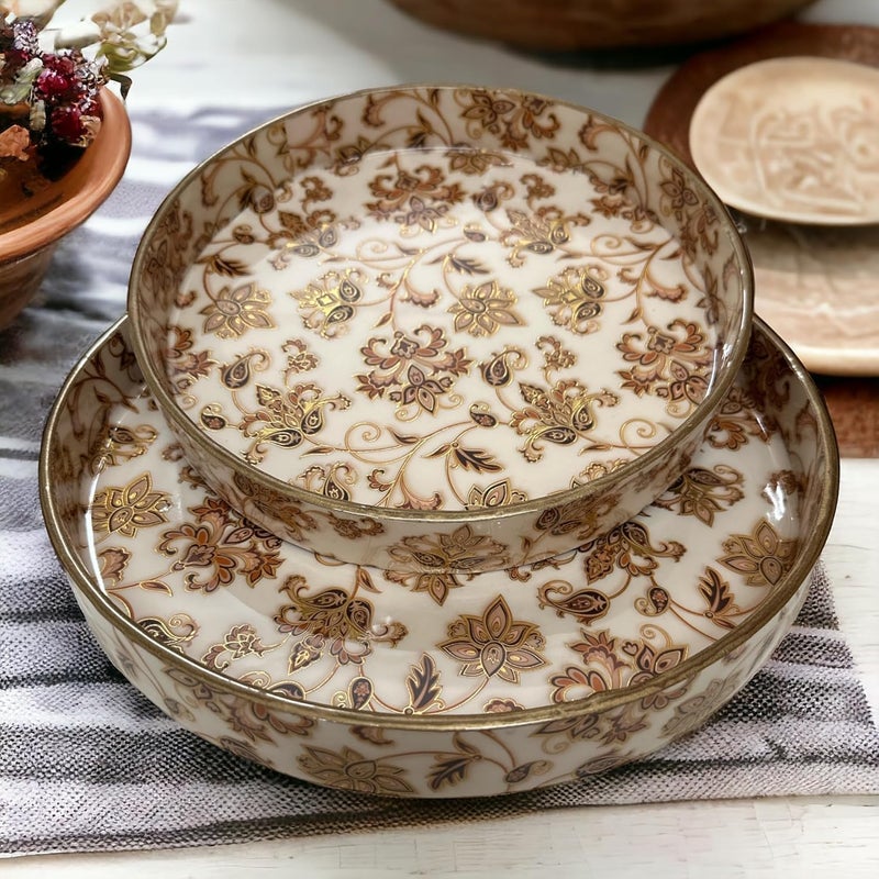 Decor House Decor House MDF Round Wooden Enamel Coated Serving Trays Organizing Decorative Tray for Kitchen and Dining Set of 2 Brown and Golden 12x12 10x10 Inches - Image 1