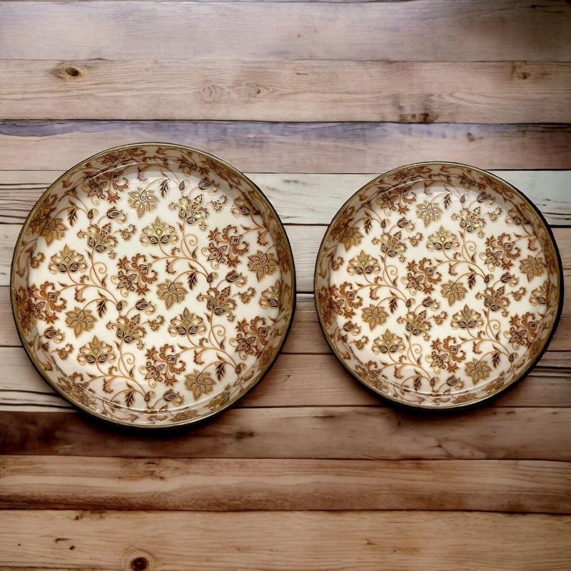 Decor House Decor House MDF Round Wooden Enamel Coated Serving Trays Organizing Decorative Tray for Kitchen and Dining Set of 2 Brown and Golden 12x12 10x10 Inches - Image 4