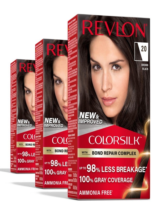 Revlon ColorSilk with Bond Repair Complex, Black Permanent Hair Color, 100% Gray Coverage, Ammonia Free Hair Dye, Vegan Keratin, 20 Brown Black (Pack of 3) - Image 1