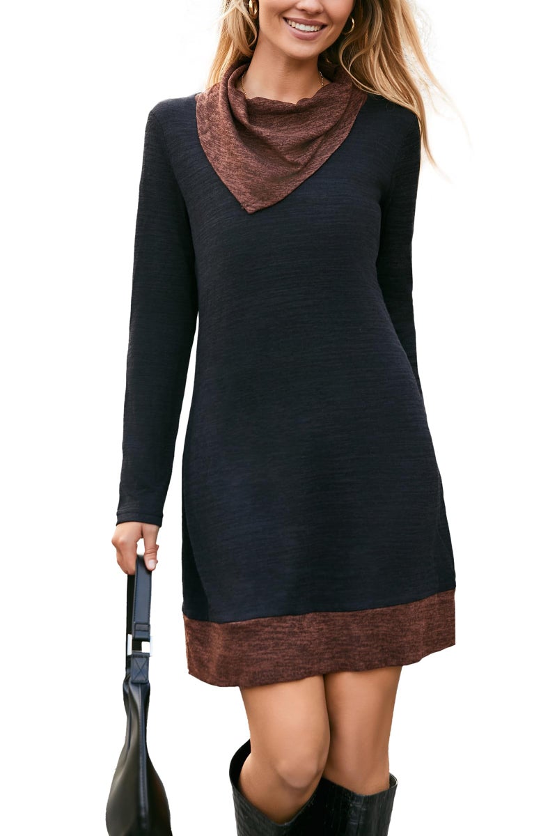STYLEWORD Women's 2026 Winter Dress Holiday Fall Fashion Dress Tunic Tops for Leggings Long Sleeve Cowl Neck Sweater(Black,L) - Image 1