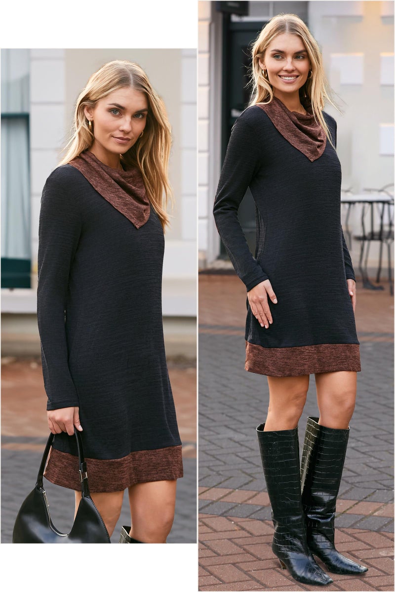 STYLEWORD Women's 2026 Winter Dress Holiday Fall Fashion Dress Tunic Tops for Leggings Long Sleeve Cowl Neck Sweater(Black,L) - Image 4