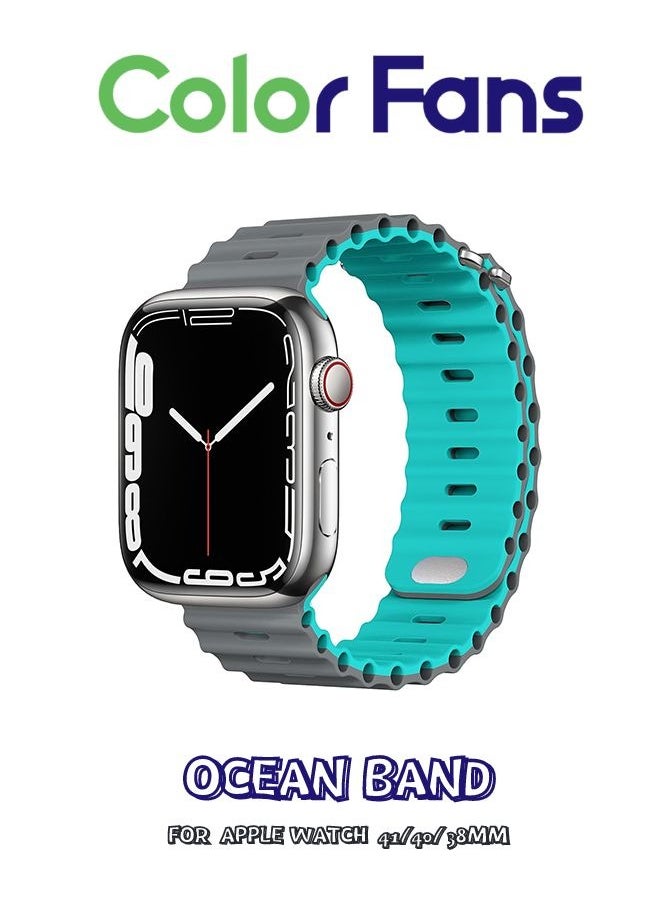 Color Fans - Apple Watch Ocean Band 41mm 40mm 38mm for Men Women, Soft Silicone Sport Band Replacement Strap for Apple Watch Ultra iWatch Series 8 7 SE 6 5 4 3 2 1 Gray-Teal - Image 1