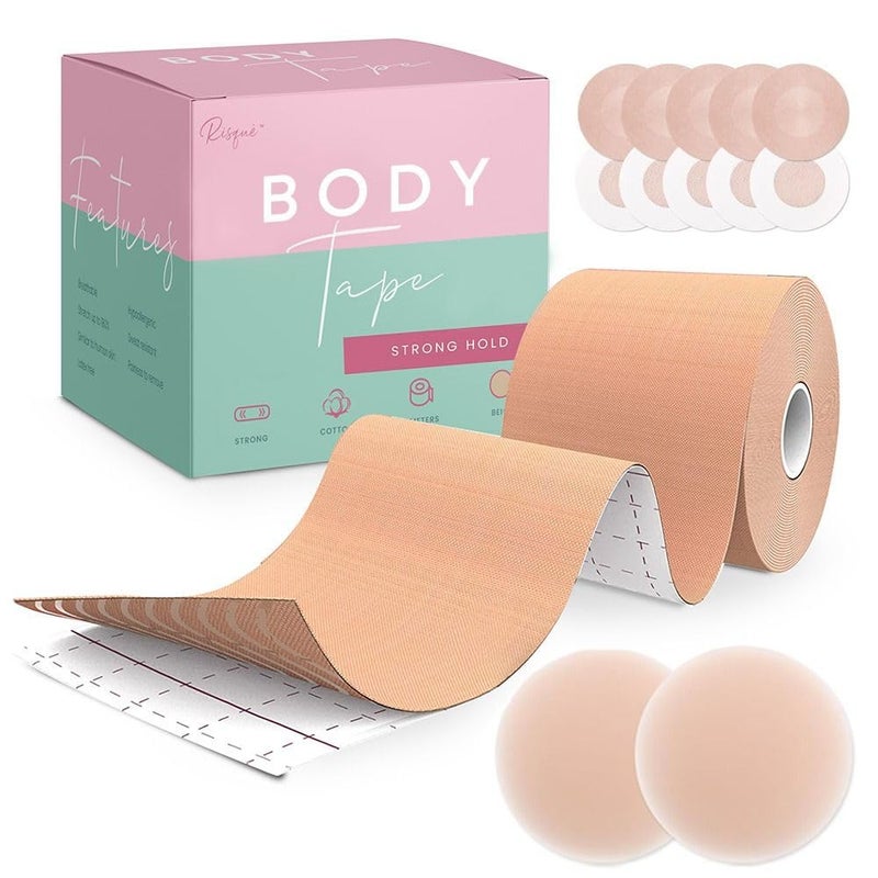 Risque Beaute RisquÃ© Boob Tape Boobtape for Breast Lift | Includes Nipple Covers | Body Tape for Push up & Shape | Works Great with Sticky Bra Backless Bra or Strapless Bra | Waterproof Sweat-Proof Beige - Image 1