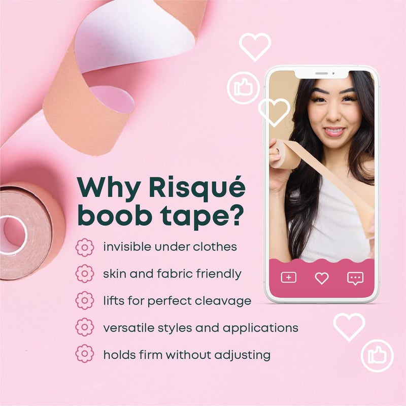 Risque Beaute RisquÃ© Boob Tape Boobtape for Breast Lift | Includes Nipple Covers | Body Tape for Push up & Shape | Works Great with Sticky Bra Backless Bra or Strapless Bra | Waterproof Sweat-Proof Beige - Image 2