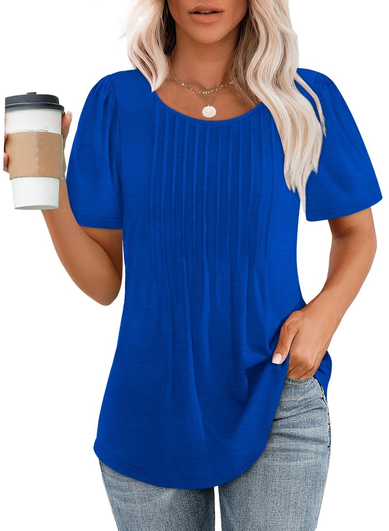 OFEEFAN T Shirts for Women Elegant Dressy Casual Tops Summer Short Sleeve Shirts Blue XL - Image 1
