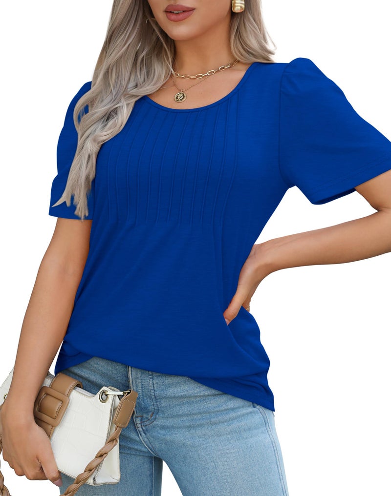 OFEEFAN T Shirts for Women Elegant Dressy Casual Tops Summer Short Sleeve Shirts Blue XL - Image 3