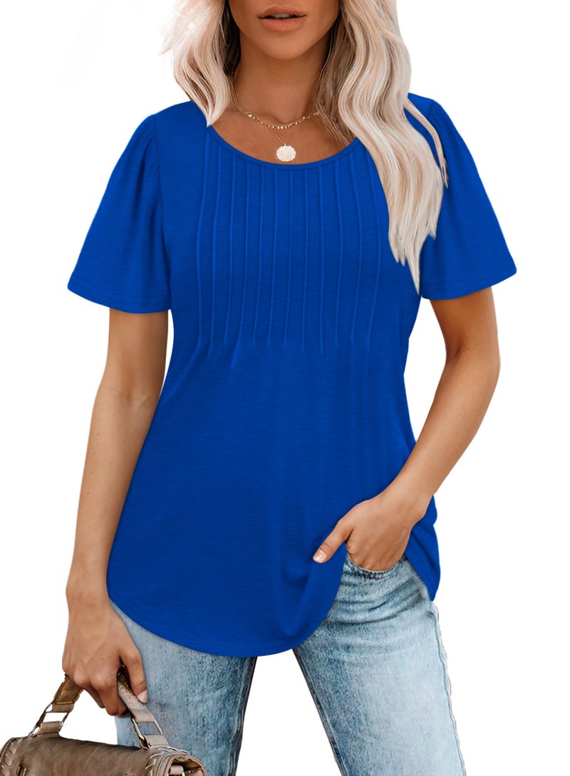 OFEEFAN T Shirts for Women Elegant Dressy Casual Tops Summer Short Sleeve Shirts Blue XL - Image 2