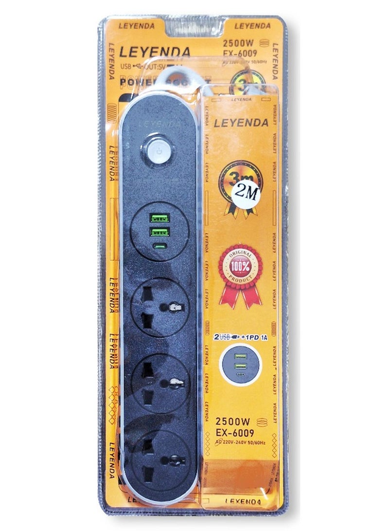 مشترك كهرباء - 2500 وات، 13 أمبير / 220-240 فولت، مزود بـ 3 مخارج، كابل 2 متر، 2 منفذ يو اس بي ومنفذ تايب سي للاب توب والكمبيوتر الشخصي والماك بوك والأجهزة الكهربائية المنزلية والمكتبية وشاحن الجوال - Image 1