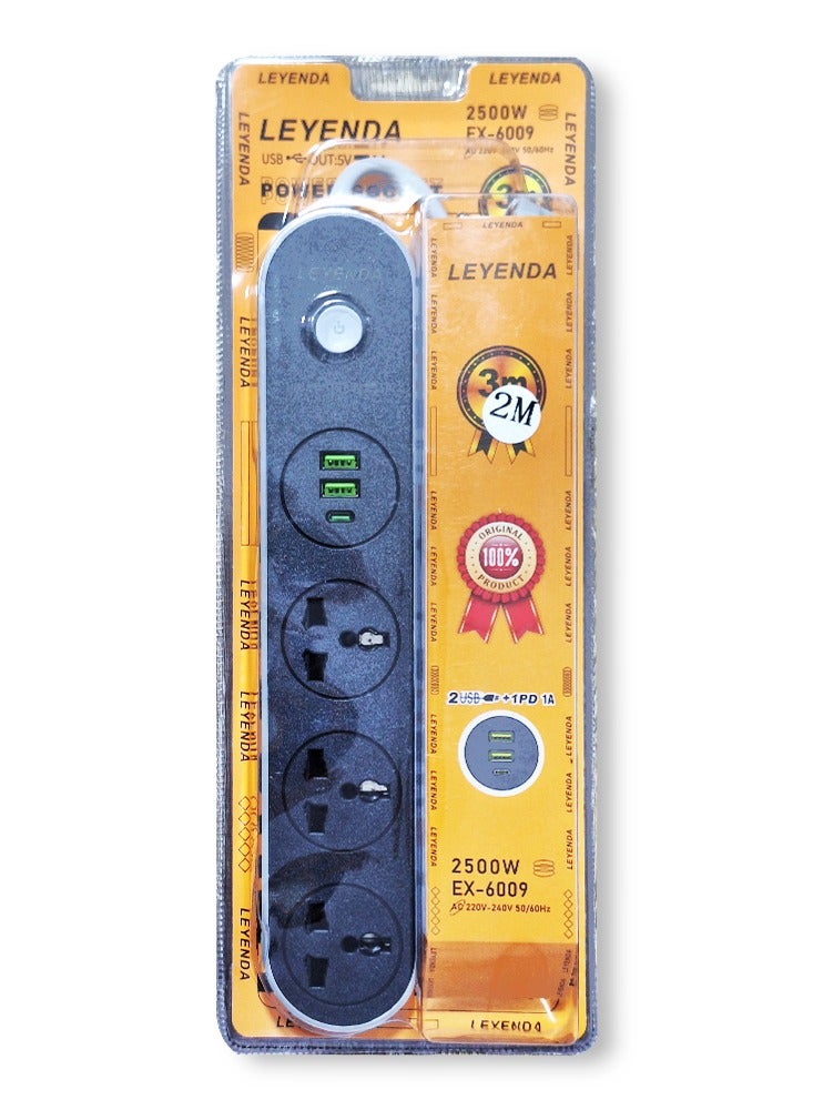 Electric Power strip - 2500 watt, 13 A / 220-240V , with 3 Outlet , 2M cable , 2 Port USB and 1 port type-c for Laptop, PC, MacBook , Home and Office Electrical appliances and Mobile charger - Image 1