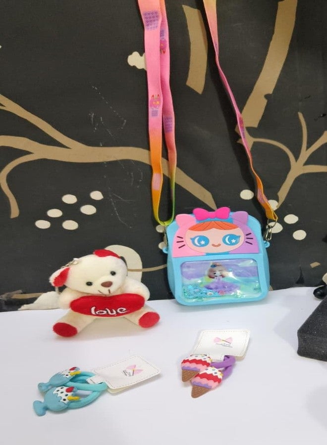 CLICKETY CLACKâ„¢ Cute combo for Kids Silicone Cat Sling Bag with Teddy keychain and 2 pair of icecream hair clips/Birthday theme party festival gifting/ (Random colour sent) - Image 3