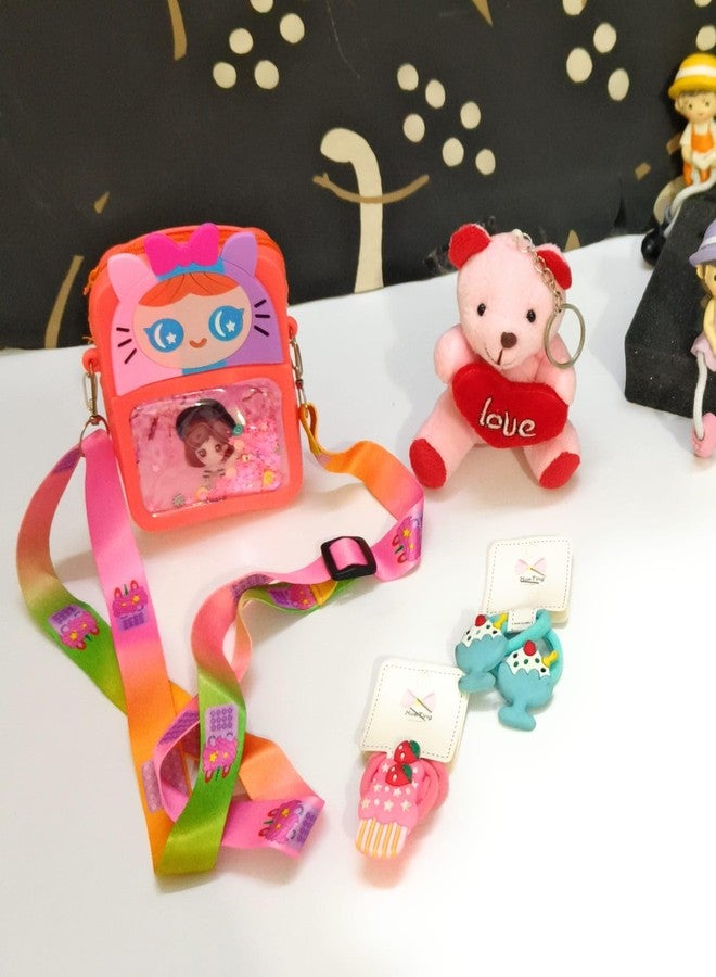 CLICKETY CLACKâ„¢ Cute combo for Kids Silicone Cat Sling Bag with Teddy keychain and 2 pair of icecream hair clips/Birthday theme party festival gifting/ (Random colour sent) - Image 1