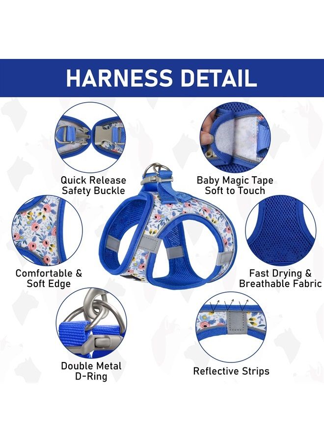 GAMUDA Small Pet Harness Collar and Leash Set, Step in No Chock No Pull Soft Mesh Adjustable Dog Vest Harnesses Plaid Reflective for Dogs Puppy and Cats Outdoor Training and Running (Blue Flower, XS) - Image 1