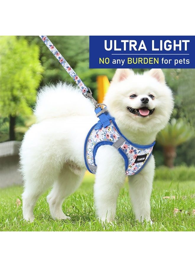 GAMUDA Small Pet Harness Collar and Leash Set, Step in No Chock No Pull Soft Mesh Adjustable Dog Vest Harnesses Plaid Reflective for Dogs Puppy and Cats Outdoor Training and Running (Blue Flower, XS) - Image 3