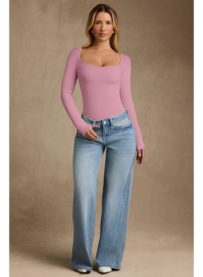 OQQ Women Bodysuit Contrast-Trim Square Neck Long Sleeve Stretch Bodysuit Tops, Dusty Pink, M - Image 3