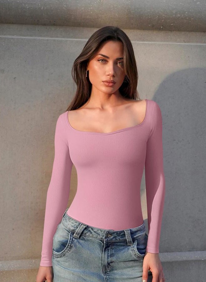 OQQ Women Bodysuit Contrast-Trim Square Neck Long Sleeve Stretch Bodysuit Tops, Dusty Pink, M - Image 4