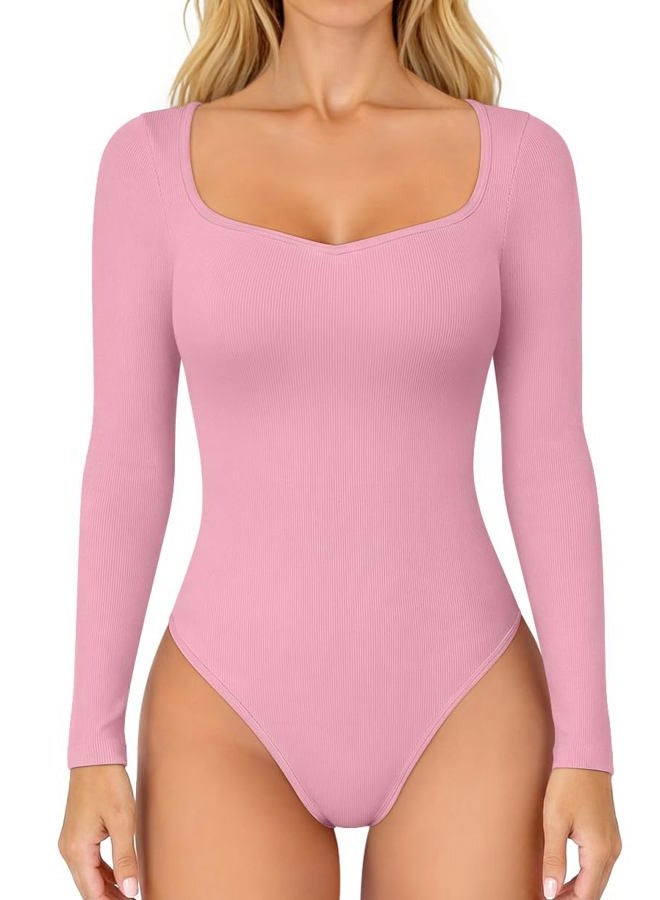 OQQ Women Bodysuit Contrast-Trim Square Neck Long Sleeve Stretch Bodysuit Tops, Dusty Pink, M - Image 1