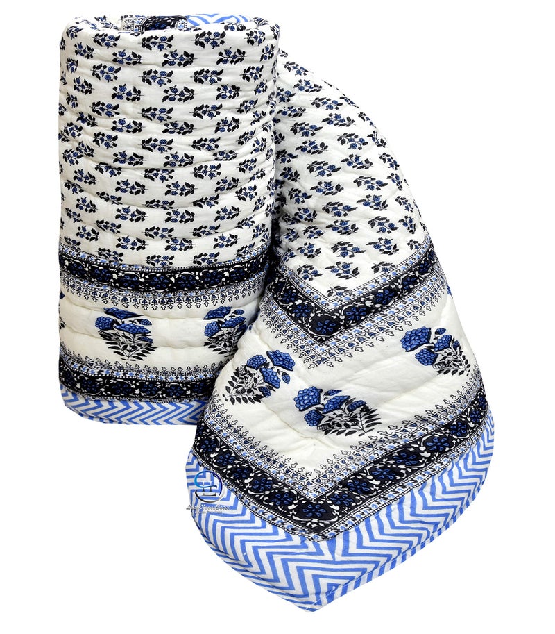 LushHavenDecor Double Bed Jaipuri Razai Light Weight Pure Cotton Traditional Rajasthani Print Quilt Razai Comforter Rajai 85X100 Inch White with Blue booti - Image 4