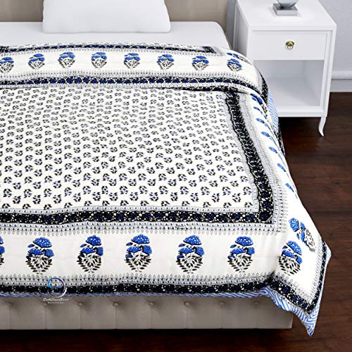 LushHavenDecor Double Bed Jaipuri Razai Light Weight Pure Cotton Traditional Rajasthani Print Quilt Razai Comforter Rajai 85X100 Inch White with Blue booti - Image 3