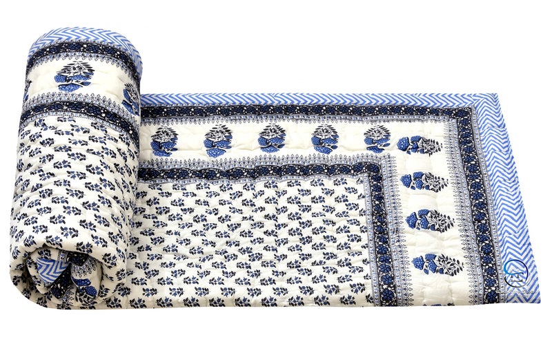 LushHavenDecor Double Bed Jaipuri Razai Light Weight Pure Cotton Traditional Rajasthani Print Quilt Razai Comforter Rajai 85X100 Inch White with Blue booti - Image 5