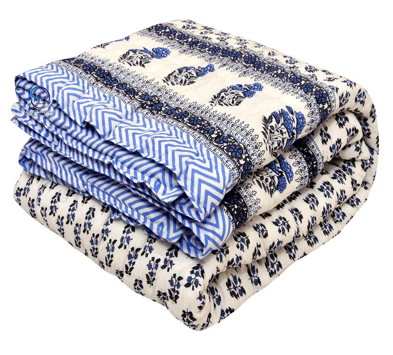 LushHavenDecor Double Bed Jaipuri Razai Light Weight Pure Cotton Traditional Rajasthani Print Quilt Razai Comforter Rajai 85X100 Inch White with Blue booti - Image 1