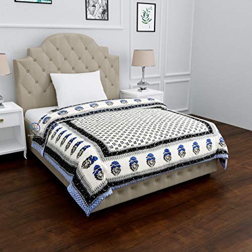LushHavenDecor Double Bed Jaipuri Razai Light Weight Pure Cotton Traditional Rajasthani Print Quilt Razai Comforter Rajai 85X100 Inch White with Blue booti - Image 2