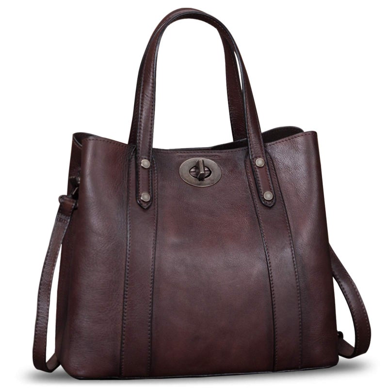Genuine Leather Handbags for Women Satchel Purses Vintage Handmade Shoulder Bag Cowhide Top Handle Handbag Totes Coffee
