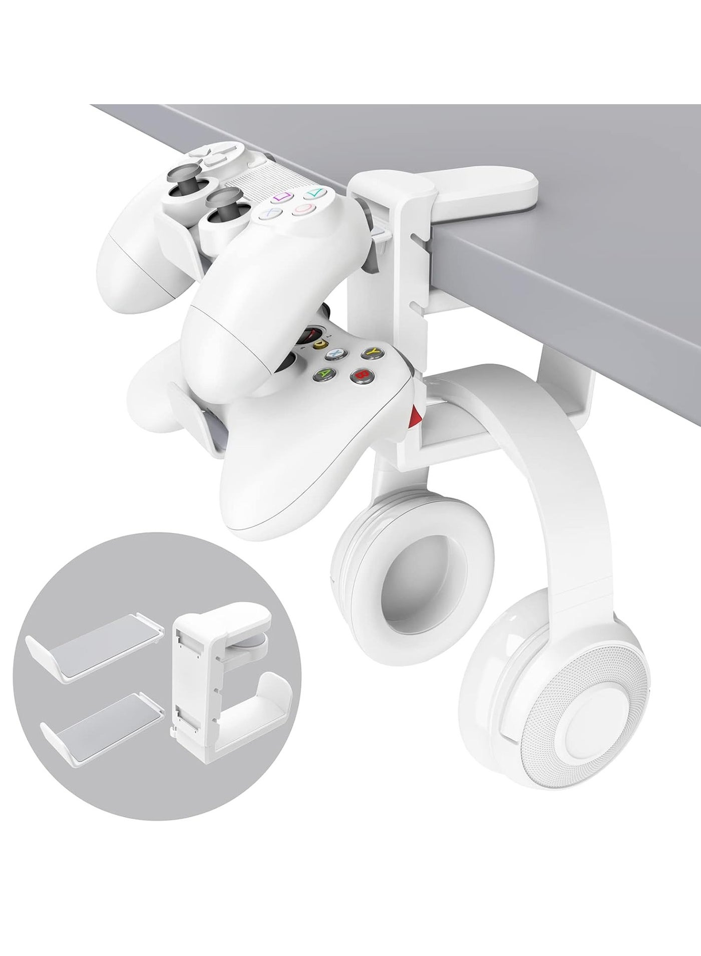MIXDE 3-in-1 PC Gaming Headset and Controller Holder  Headphone Stand with Adjustable Clamp  2 Controller Holders, Rotating Arm and Cable Organizer  Universal PC Gaming Accessory Controller Headset St