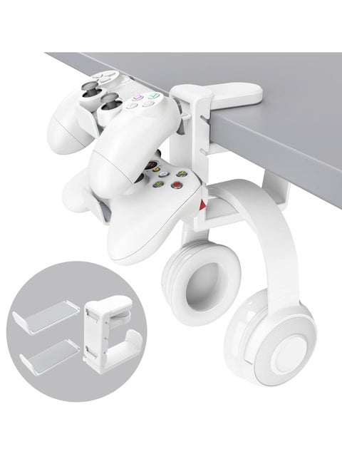 3-in-1 PC Gaming Headset and Controller Holder  Headphone Stand with Adjustable Clamp  2 Controller Holders, Rotating Arm and Cable Organizer  Universal PC Gaming Accessory Controller Headset Stand White