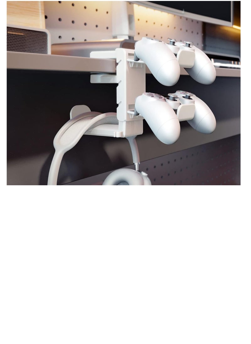 3-in-1 PC Gaming Headset and Controller Holder  Headphone Stand with Adjustable Clamp  2 Controller Holders, Rotating Arm and Cable Organizer  Universal PC Gaming Accessory Controller Headset Stand White