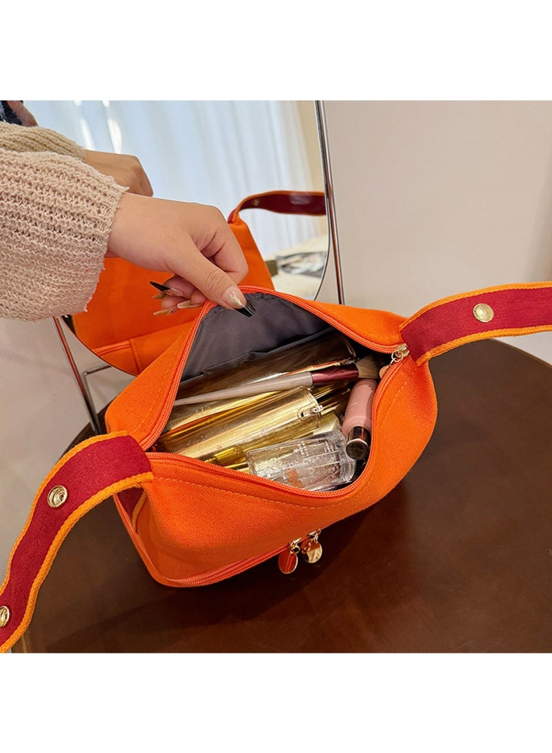 حقيبة ماكياج السفر حقيبة المرحاض ، حقيبة مستحضرات التجميل الصغيرة حقيبة ماكياج السفر المحمولة مع مقبض ، الأزياء قماش ماكياج منظم حقيبة مقاومة للماء للنساء والفتيات (برتقالي) - Image 3