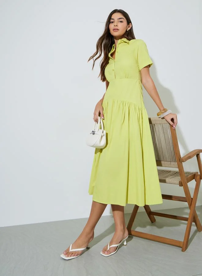 Lime Green Solid Short Sleeve Shirt Maxi Dress