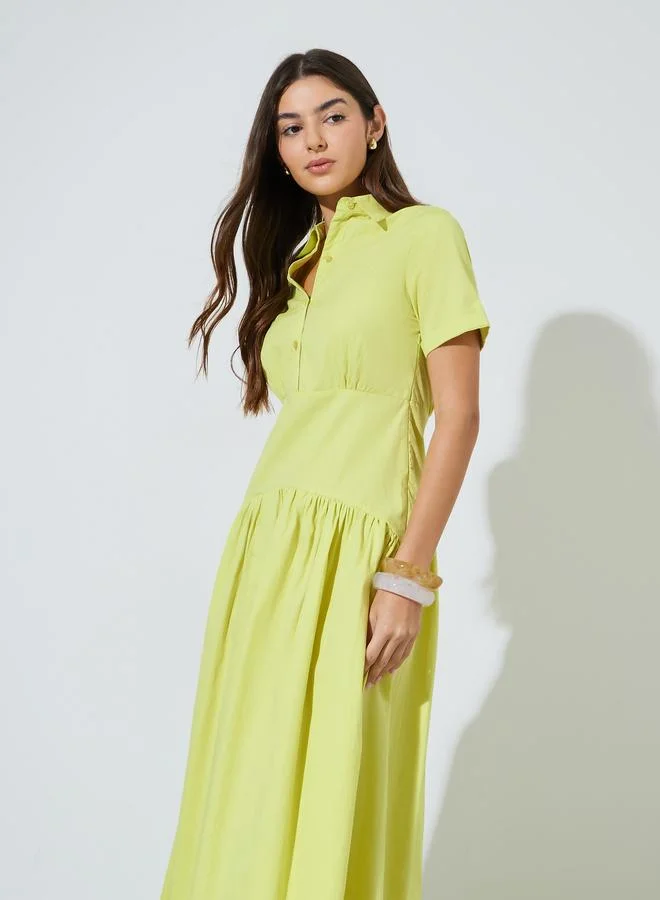 Styli Lime Green Solid Short Sleeve Shirt Maxi Dress