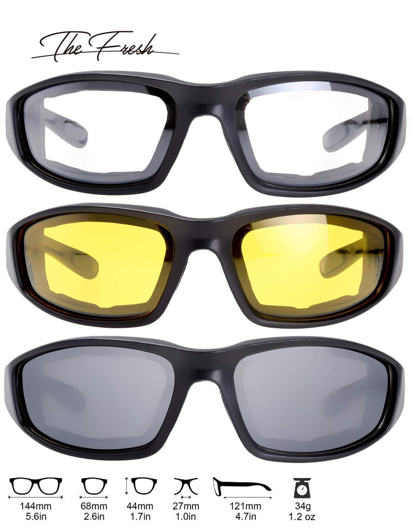 The Fresh Motorcycle Riding Glasses Padded Frame Lens Block 100% UVB for Outdoor Activity Sport (1405-Matte Black, Clear, Yellow, & Grey) - Image 2