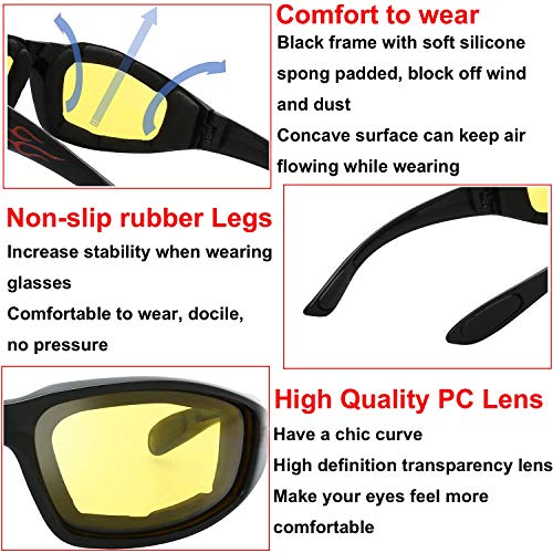 The Fresh Motorcycle Riding Glasses Padded Frame Lens Block 100% UVB for Outdoor Activity Sport (1405-Matte Black, Clear, Yellow, & Grey) - Image 4