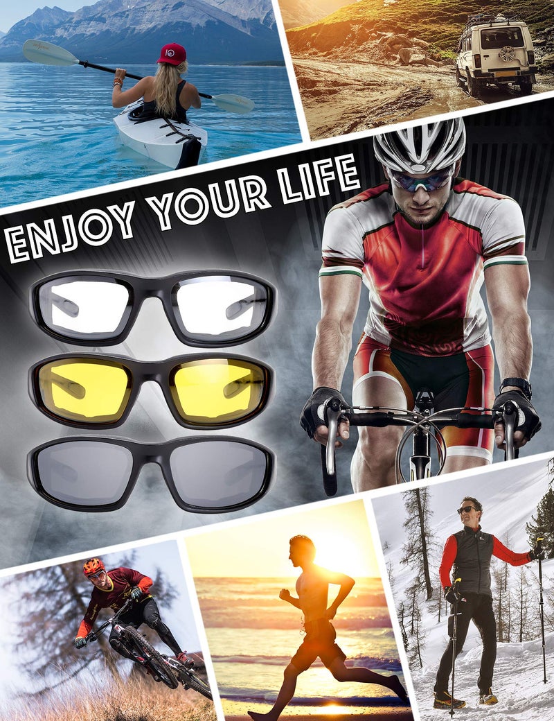 The Fresh Motorcycle Riding Glasses Padded Frame Lens Block 100% UVB for Outdoor Activity Sport (1405-Matte Black, Clear, Yellow, & Grey) - Image 3