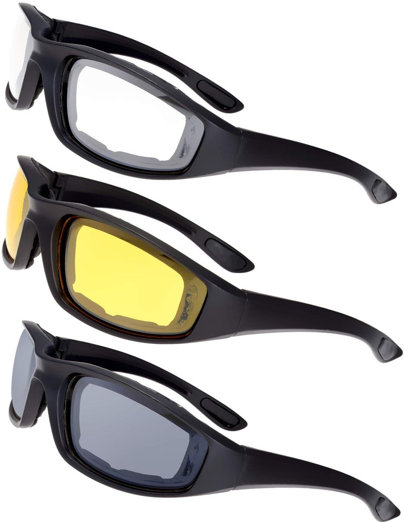 The Fresh Motorcycle Riding Glasses Padded Frame Lens Block 100% UVB for Outdoor Activity Sport (1405-Matte Black, Clear, Yellow, & Grey) - Image 1