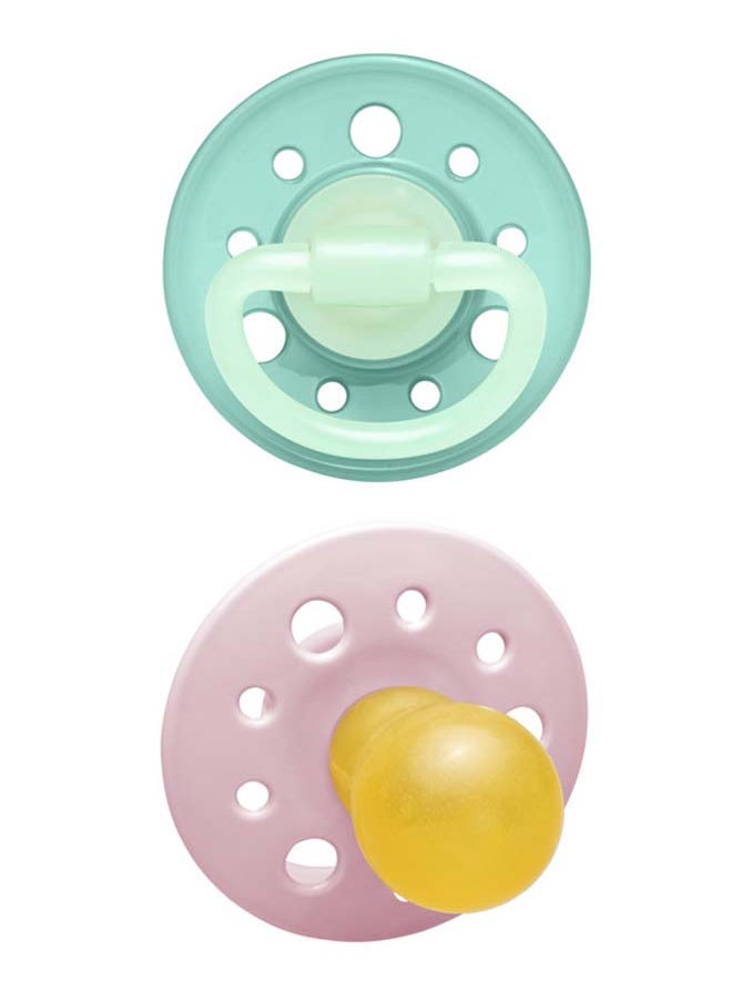 nip - Cherry Glow The Dark Round Latex Soother, Narrower Round Teat Cherry Shape, Nursing Friendly, Size 2, From 6 Months+, Latex, Rose And Green, Pack Of 2 - Image 1