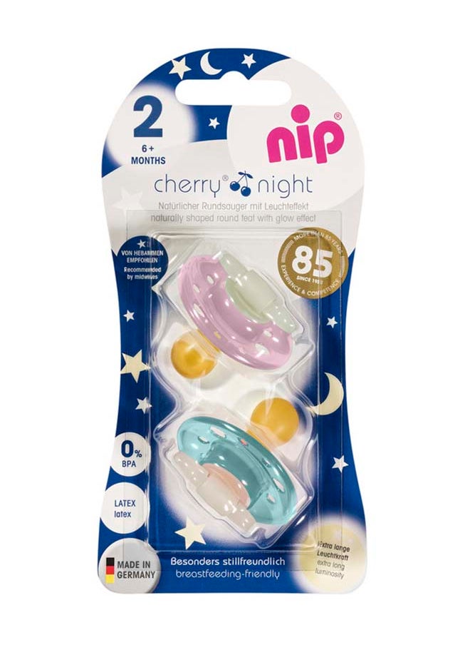 nip - Cherry Glow The Dark Round Latex Soother, Narrower Round Teat Cherry Shape, Nursing Friendly, Size 2, From 6 Months+, Latex, Rose And Green, Pack Of 2 - Image 1