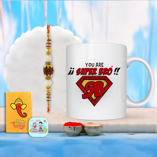 CraftVatika Rakhi with Mug Gift for Brother Bhaiya, Combo for Bhaiya Rakhi Set of 1 for Bhai Men Boy Kids, Super Bro Quote Rakshabandhan with Magnet - Image 1